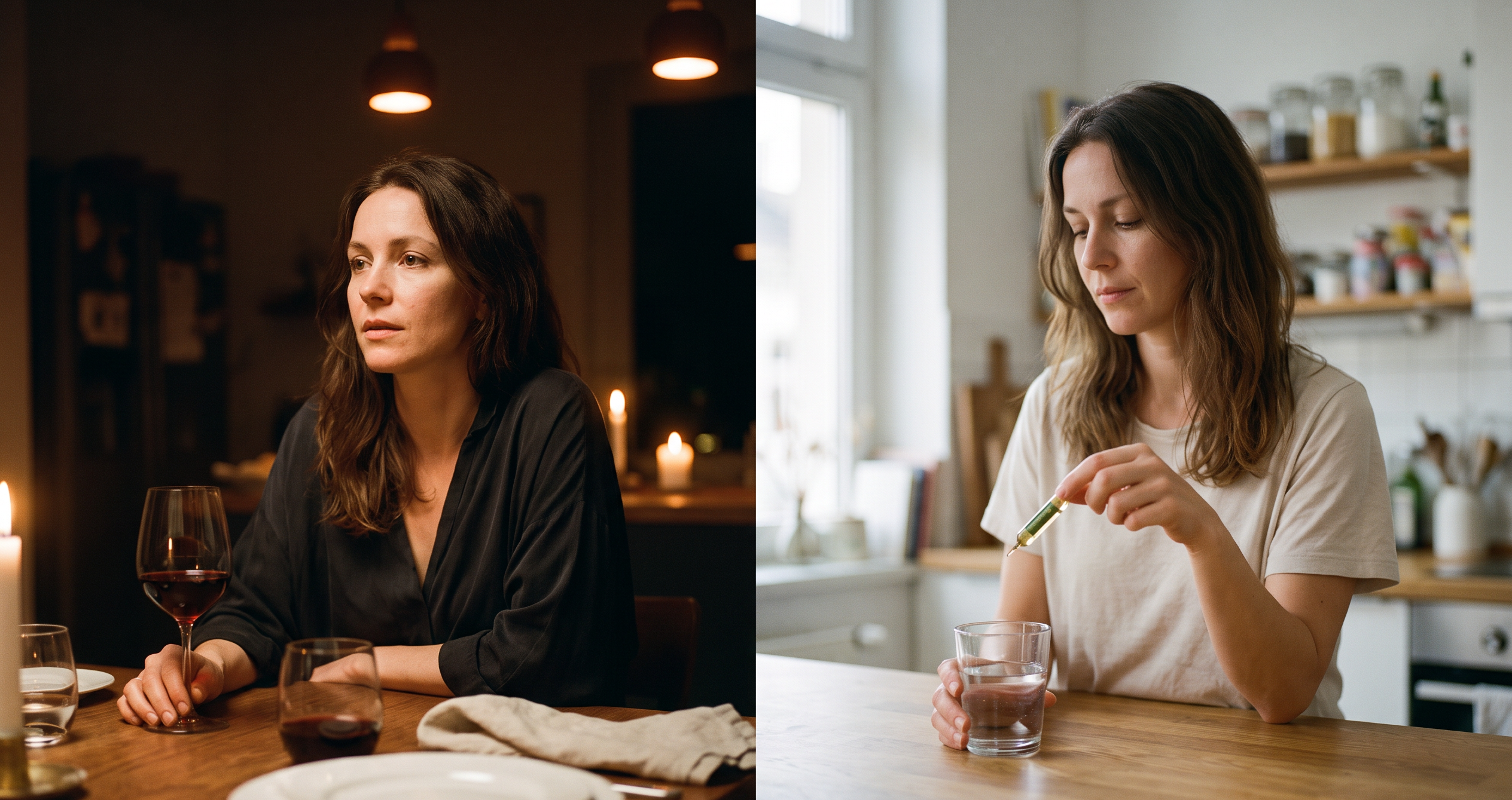 Left: a woman at a candlelit dinner table with a glass of red wine. Right: the same morning routine, adding a Biocol Labs ampoule to a glass of water.